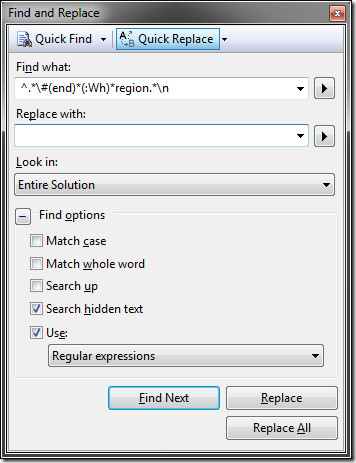 Remove Visual Studio Regions with Find and Replace – Brian Schmitt